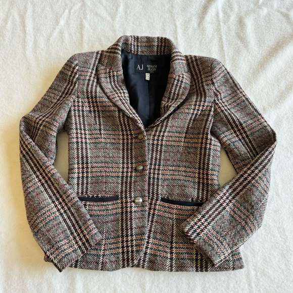 Armani Jeans Vintage Classic Plaid | Herringbone Wool Blend Blazer Size 6 - Picture 14 of 15